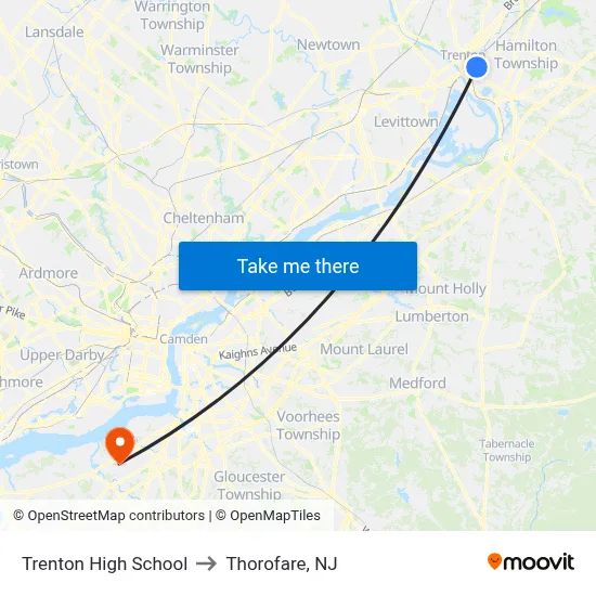 Trenton High School to Thorofare, NJ map