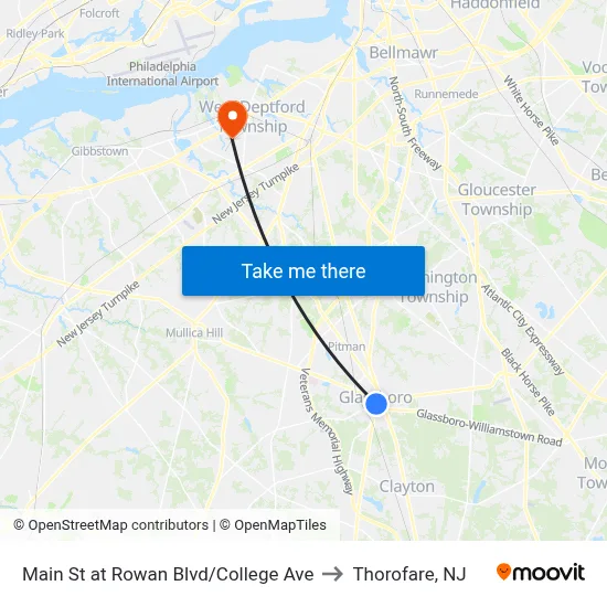 Main St at Rowan Blvd/College Ave to Thorofare, NJ map