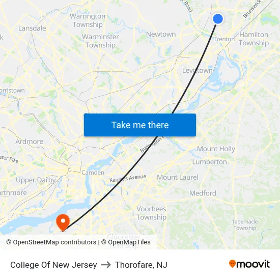 College Of New Jersey to Thorofare, NJ map