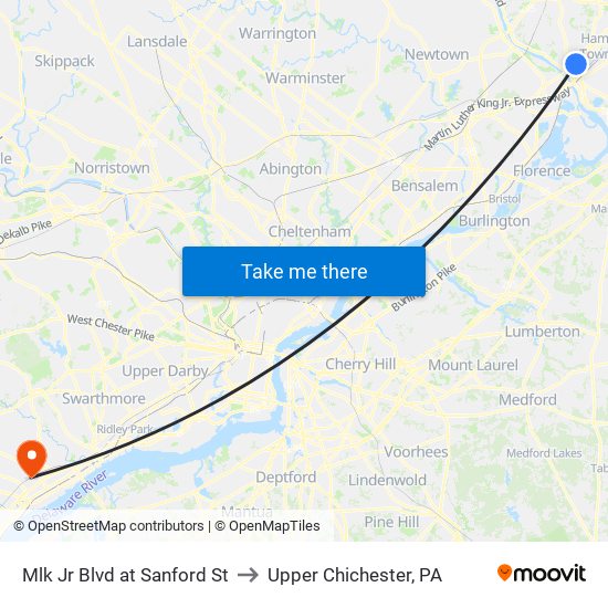 Mlk Jr Blvd at Sanford St to Upper Chichester, PA map