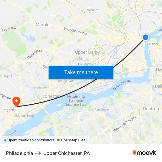 Philadelphia to Upper Chichester, PA map