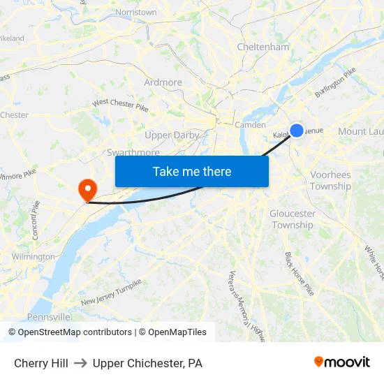 Cherry Hill to Upper Chichester, PA map