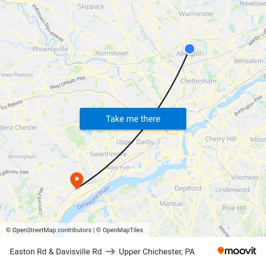 Easton Rd & Davisville Rd to Upper Chichester, PA map