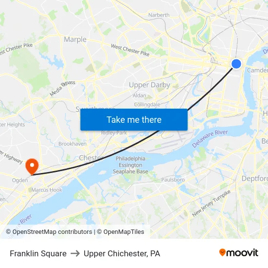 Franklin Square to Upper Chichester, PA map