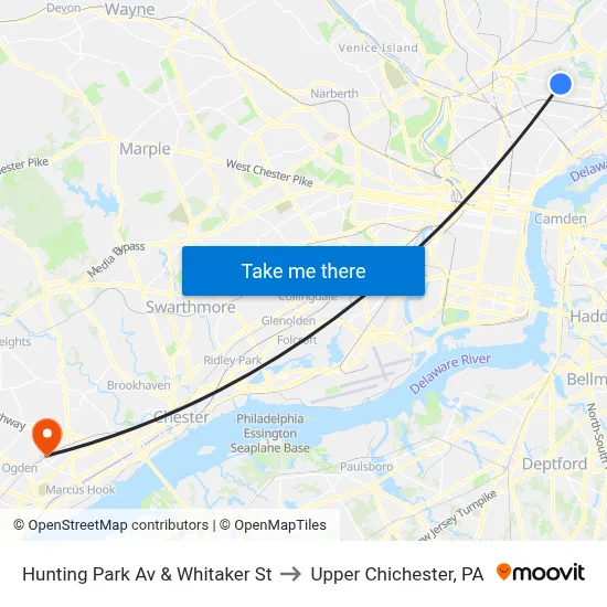Hunting Park Av & Whitaker St to Upper Chichester, PA map