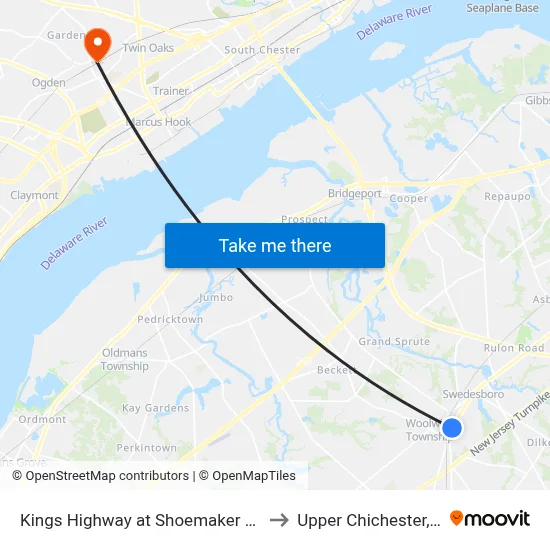 Kings Highway at Shoemaker Drive to Upper Chichester, PA map