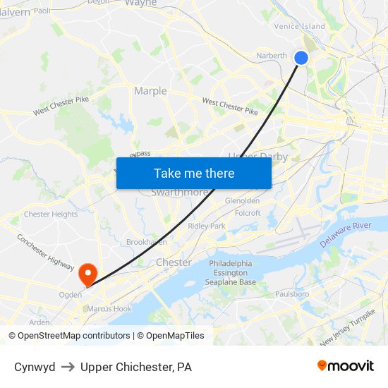 Cynwyd to Upper Chichester, PA map