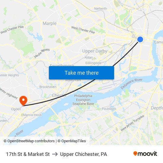 17th St & Market St to Upper Chichester, PA map