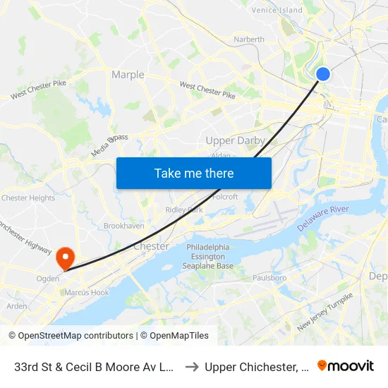 33rd St & Cecil B Moore Av Loop to Upper Chichester, PA map