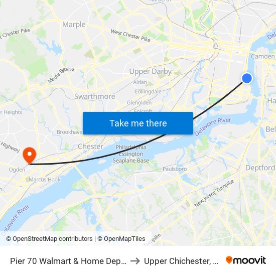 Pier 70 Walmart & Home Depot to Upper Chichester, PA map