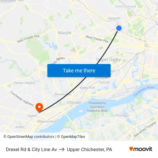 Drexel Rd & City Line Av to Upper Chichester, PA map