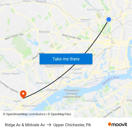 Ridge Av & Midvale Av to Upper Chichester, PA map