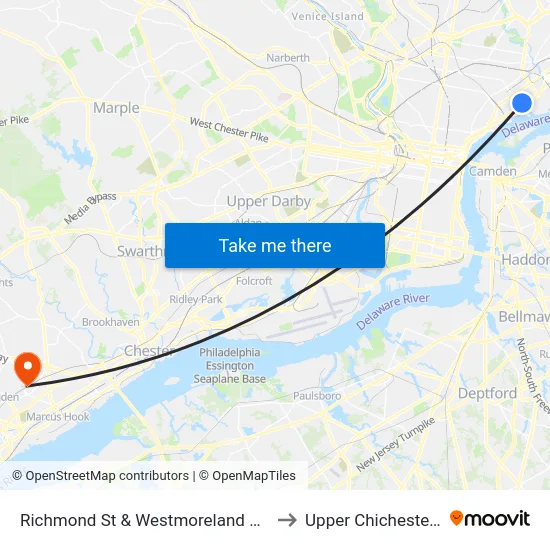 Richmond St & Westmoreland St Loop to Upper Chichester, PA map