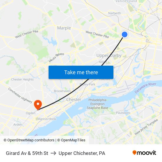 Girard Av & 59th St to Upper Chichester, PA map