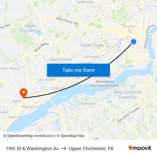19th St & Washington Av to Upper Chichester, PA map