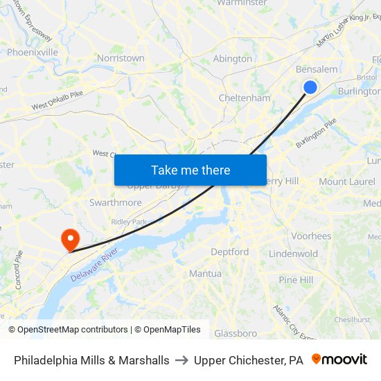 Philadelphia Mills & Marshalls to Upper Chichester, PA map