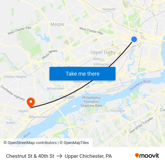 Chestnut St & 40th St to Upper Chichester, PA map