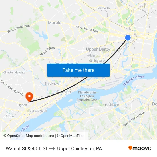 Walnut St & 40th St to Upper Chichester, PA map