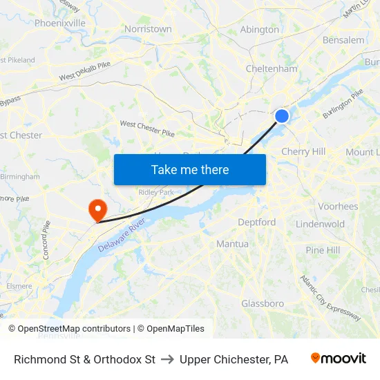 Richmond St & Orthodox St to Upper Chichester, PA map