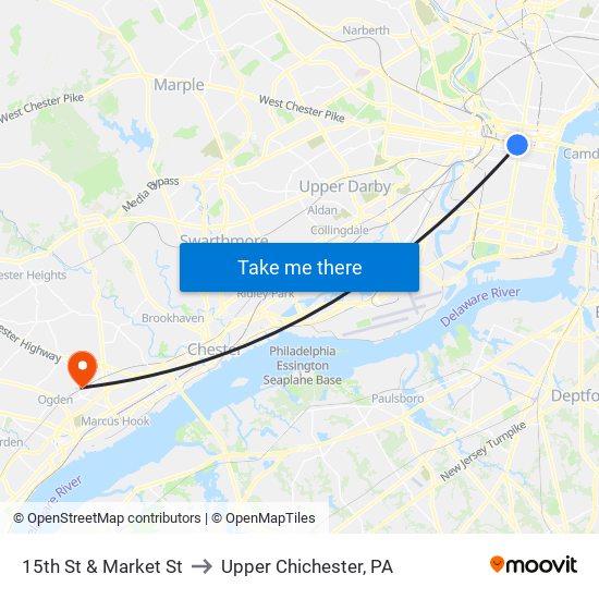 15th St & Market St to Upper Chichester, PA map