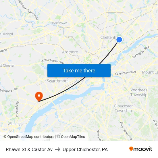 Rhawn St & Castor Av to Upper Chichester, PA map