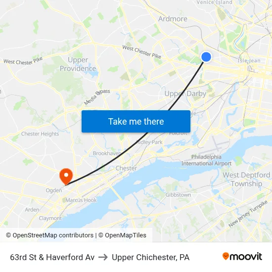 63rd St & Haverford Av to Upper Chichester, PA map