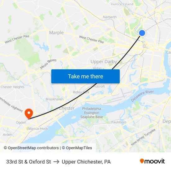 33rd St & Oxford St to Upper Chichester, PA map