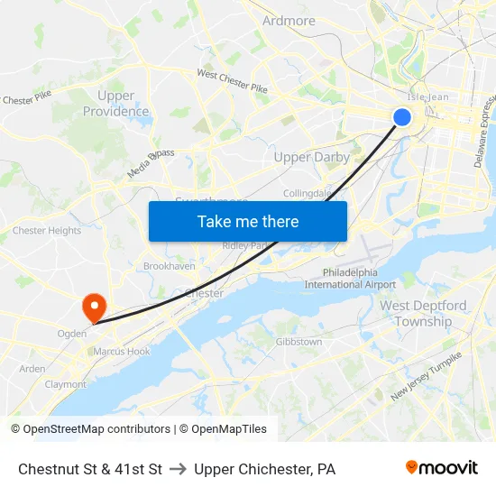 Chestnut St & 41st St to Upper Chichester, PA map