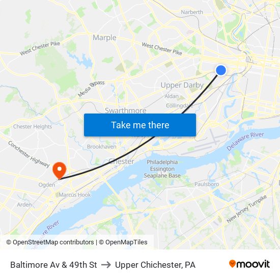 Baltimore Av & 49th St to Upper Chichester, PA map