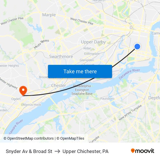 Snyder Av & Broad St to Upper Chichester, PA map