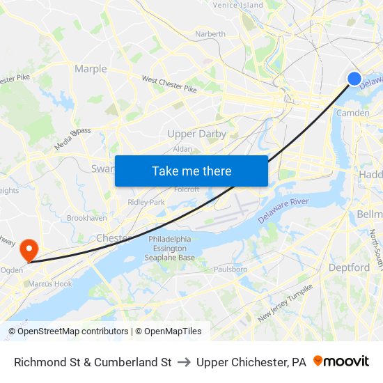 Richmond St & Cumberland St to Upper Chichester, PA map