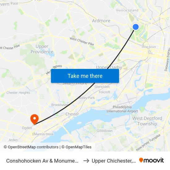 Conshohocken Av & Monument Rd to Upper Chichester, PA map
