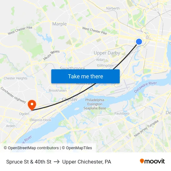 Spruce St & 40th St to Upper Chichester, PA map