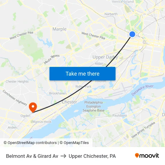 Belmont Av & Girard Av to Upper Chichester, PA map