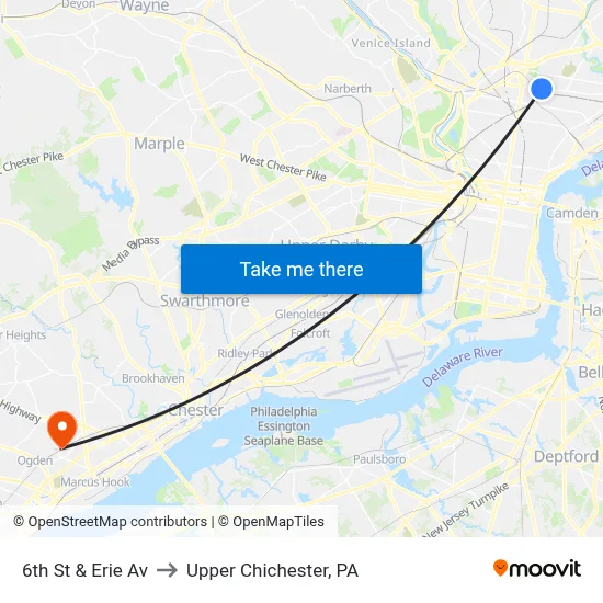 6th St & Erie Av to Upper Chichester, PA map