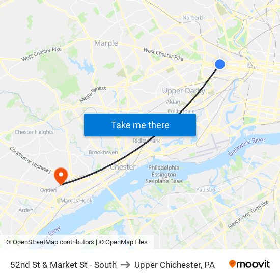 52nd St & Market St - South to Upper Chichester, PA map