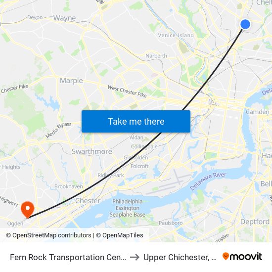 Fern Rock Transportation Center to Upper Chichester, PA map