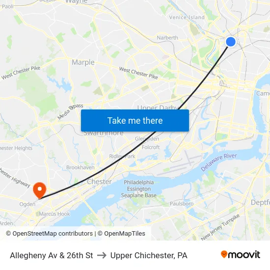 Allegheny Av & 26th St to Upper Chichester, PA map