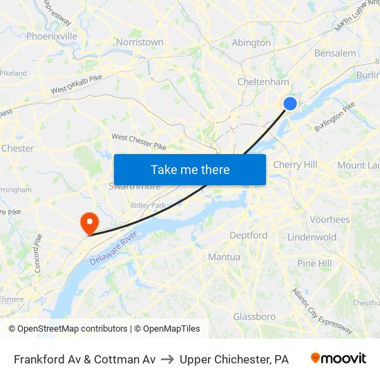 Frankford Av & Cottman Av to Upper Chichester, PA map