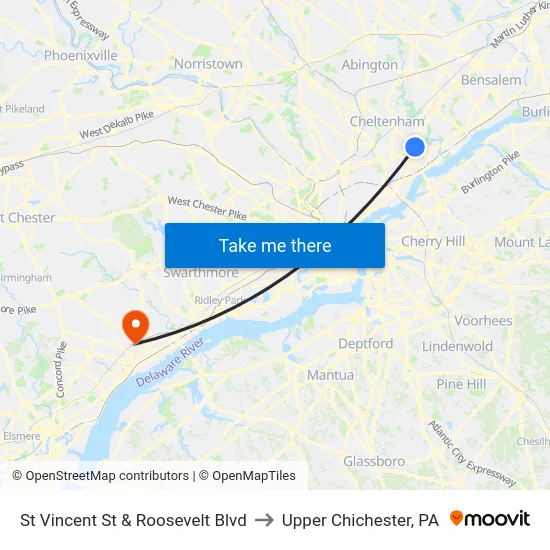 St Vincent St & Roosevelt Blvd to Upper Chichester, PA map