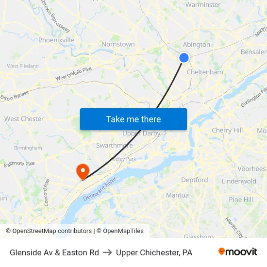 Glenside Av & Easton Rd to Upper Chichester, PA map