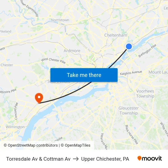 Torresdale Av & Cottman Av to Upper Chichester, PA map