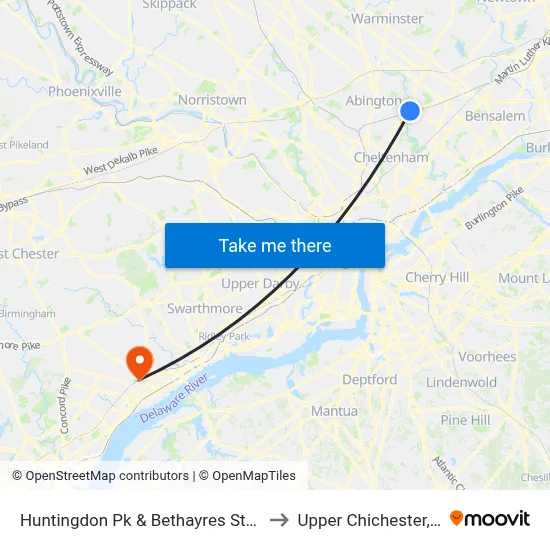 Huntingdon Pk & Bethayres Station to Upper Chichester, PA map