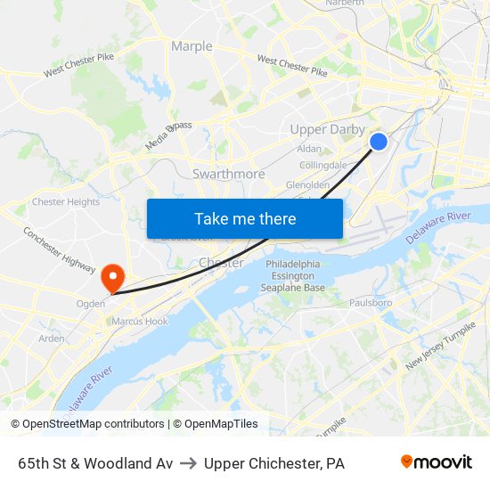 65th St & Woodland Av to Upper Chichester, PA map