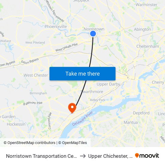 Norristown Transportation Center to Upper Chichester, PA map