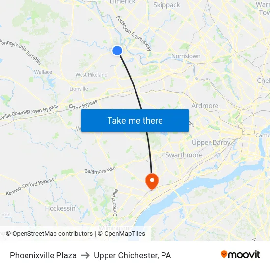 Phoenixville Plaza to Upper Chichester, PA map