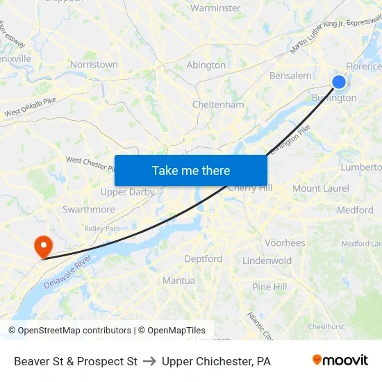 Beaver St & Prospect St to Upper Chichester, PA map