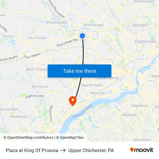 Plaza at King Of Prussia to Upper Chichester, PA map