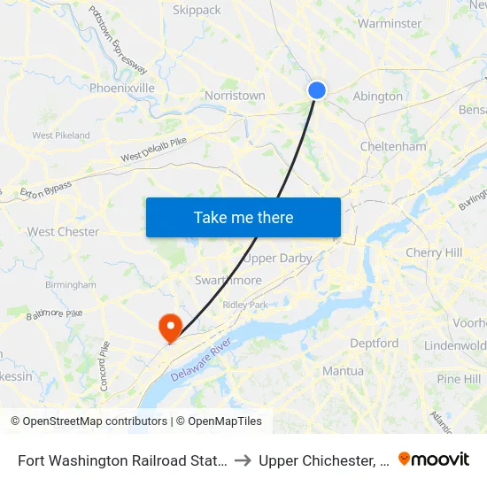 Fort Washington Railroad Station to Upper Chichester, PA map