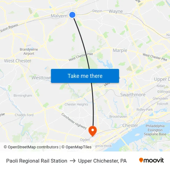 Paoli Regional Rail Station to Upper Chichester, PA map